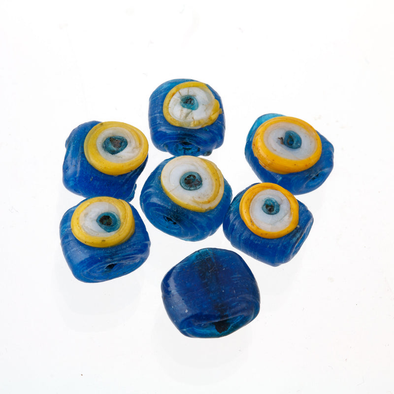 Vintage blue, yellow and white Turkish Evil Eye bead. 10 - 12 mm. Pkg. 4.