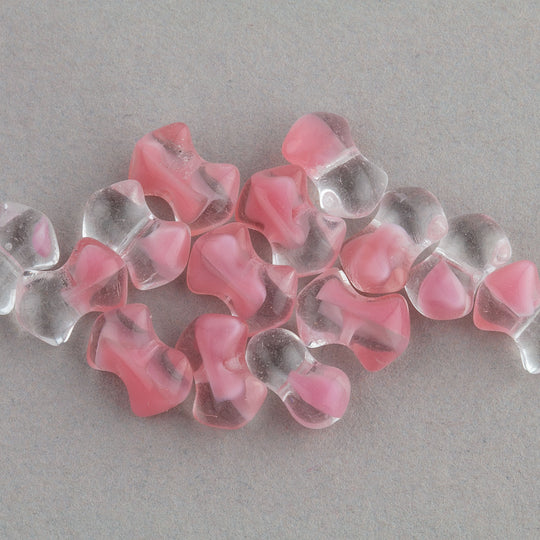 Vintage Czech clear and rose givre glass interlocking bowtie beads 9mm. Pkg 25. b11-pp-0337-1