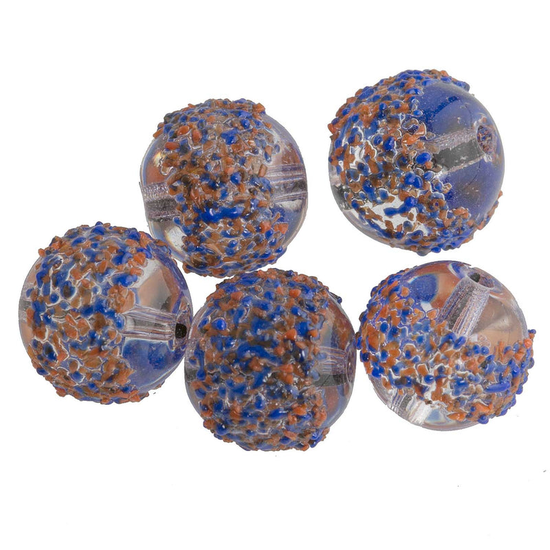 Vintage German Sugar Beads blue and orange sprinkles over clear glass. 7mm. Pkg of 5. B11-PP-0401