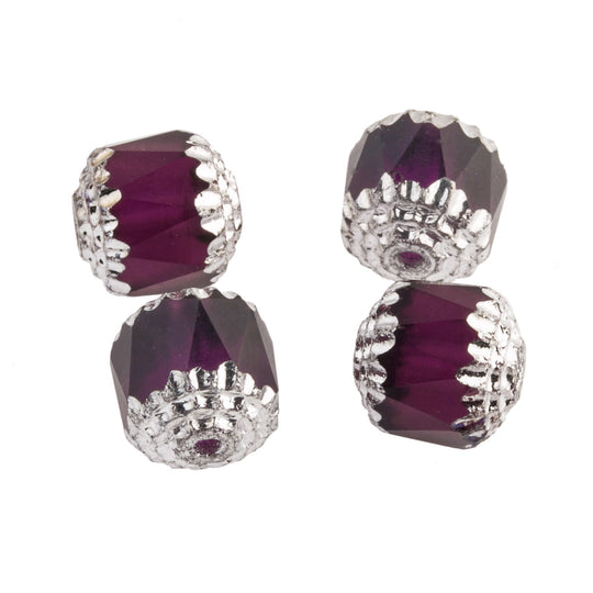 Czech diamond-cut window beads with silver edges in a reddish dark amethyst. 10mm. 4 pcs. B11-pp-0983