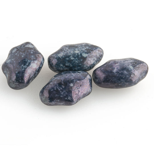 Vintage Czechoslovakian Glass Nuggets.  Purple Blue with Grey and Iridescent Granite-like Finish. 20x14mm. Pkg of 4. b11-pp-1002