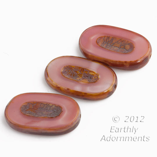 Czech 26x15mm sliced, carved dustry rose oval with Picasso finish. Pkg.of 2, b11-pp-1226