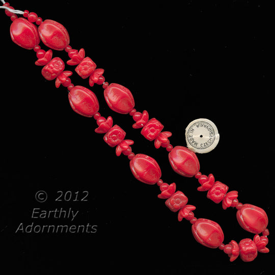 Vintage Czech red opaque pressed glass beads fruit and berry beads. 12" strand. B11-RD-0484