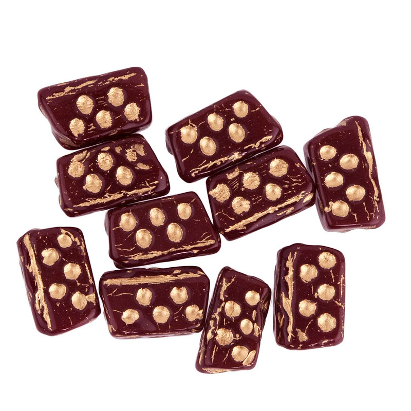 Czech dice beads. Metallic gold dots on red. 