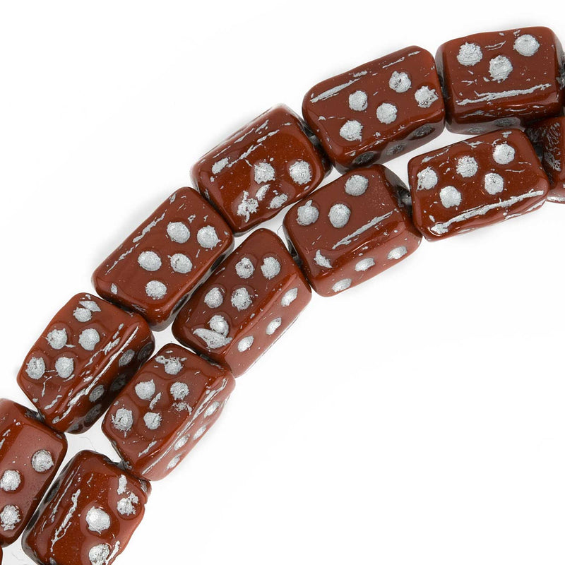 Czech dice beads. White dots on red. 9x6mm. Pkg of 10.