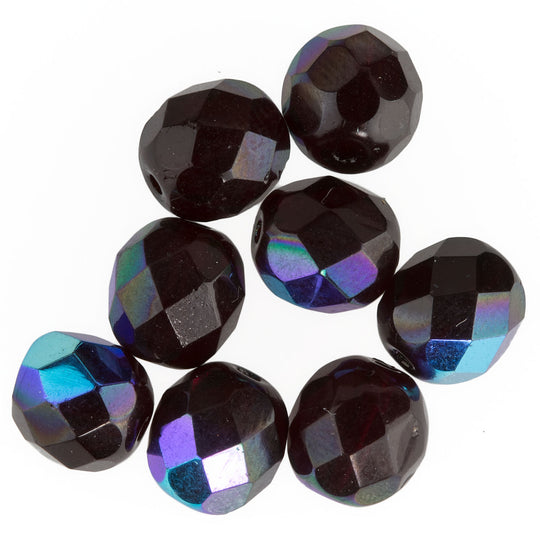 Faceted garnet glass round bead, aurora borealis finish. 8mm. Pkg 10. b11-rd-0670
