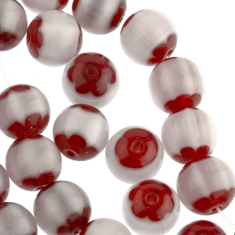 Vintage translucent garnet red round beads with milky opalescent bands. 8mm. 50pc. 