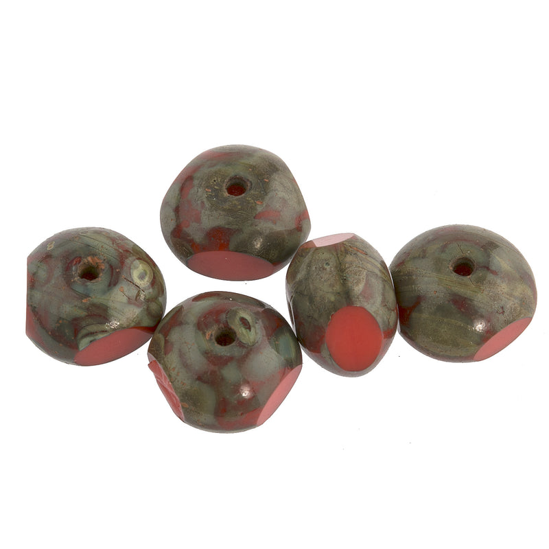 Contemporary Czech Persimmon Red sliced glass with Picasso finish bead.  6x8mm. Pkg of 5.