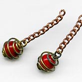 Vintage Japanese red glass dangle bead with spiral wire and chain. 25mm. Pkg of 4. b11-rd-0772(e)
