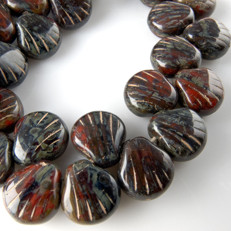Contemporary Czech red and olive etched fan shaped pendants, 10x8mm, strand of 25. 
