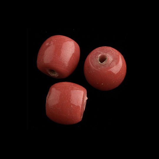 Chinese Peking glass drum shaped beads in an opaque coral. 11x10mm. Package of 6. b11-rd-0866