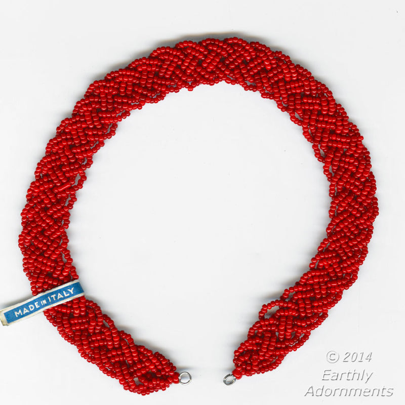 Vintage scarlet red seed bead braided strand. 13 1/2" x 5/8", Sold Indv. 