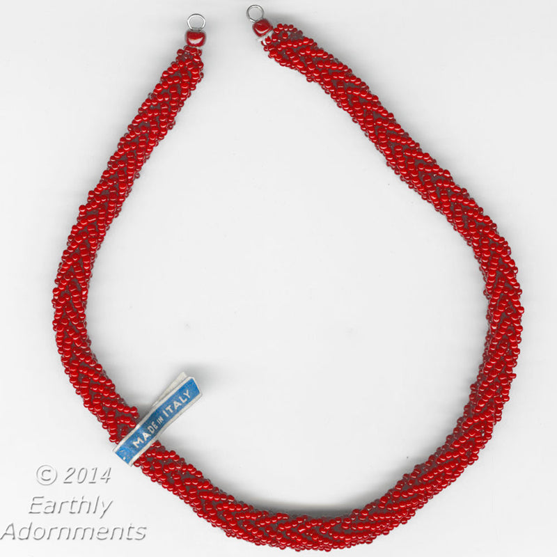 Vintage scarlet red seed bead braided strand. 13 1/2" x 5/16", Sold Indv.