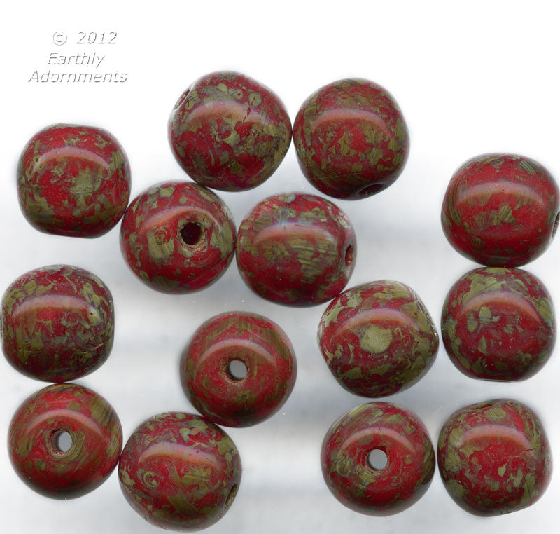 Vintage red and olive green picasso beads. 6mm. 25pcs.