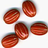 Czech flattened oval lipstick red and gold glass bead. 17 mm, Pkg. of 10. b11-rd-0583