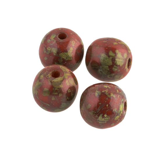 Vintage handmade 5.5-6mm Picasso glass beads. Red with olive green.  Czechoslovakia. Pkg. 25. b11-rd-0750