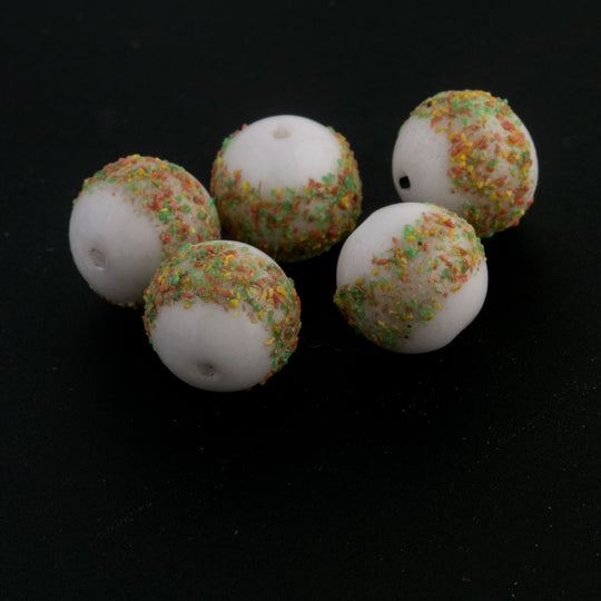 Vintage 1930s German Sugar Beads. Yellow Green Red Crumbs on Opaque Milk Glass. 10mm. Package of 5. B11-YO-0376