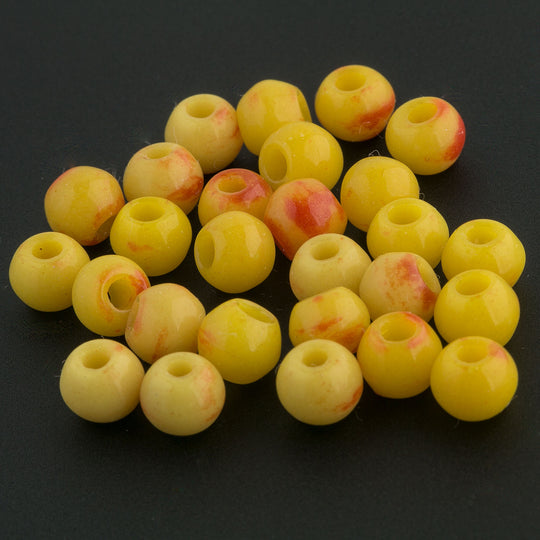 1960's Japanese canary yellow and red opaque glass beads. Approx. 5mm. Pkg of 10. B11-YO-0508