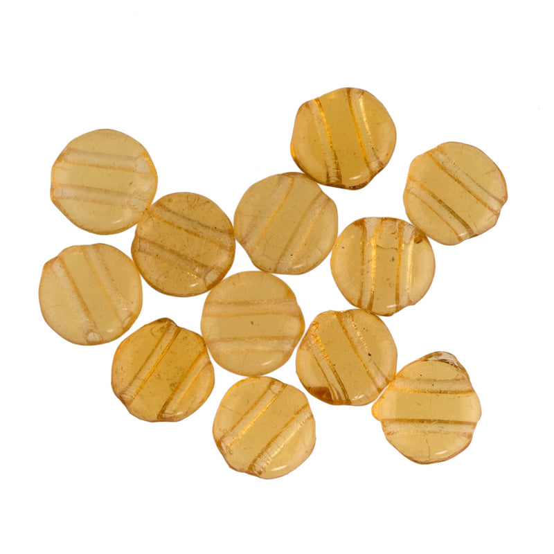 Old Bohemian amber glass two-hole disks. 7mm. Pkg of 25.