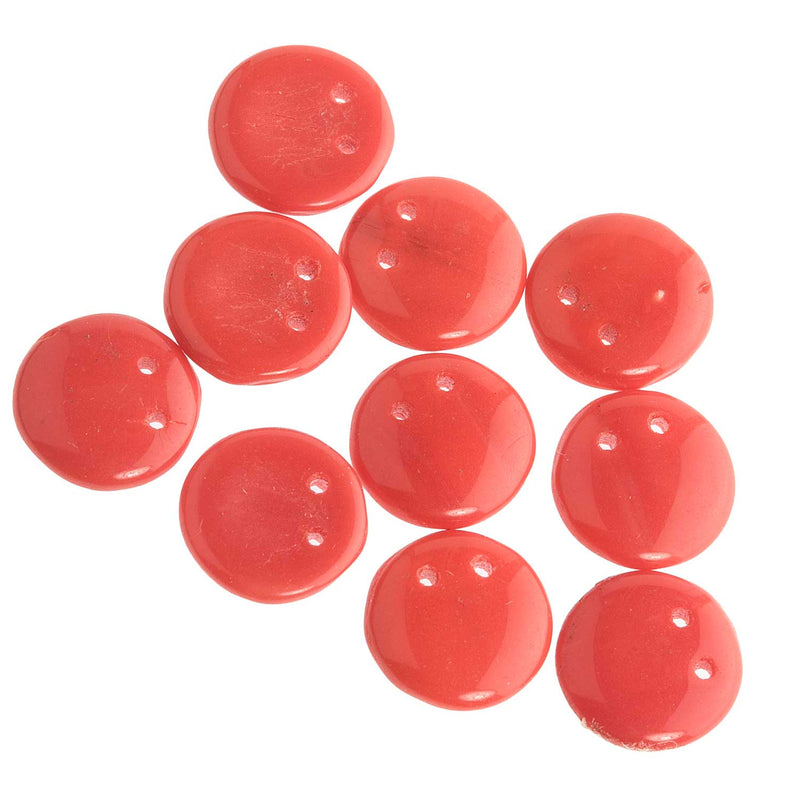 Vintage coral glass flat lentil-shape beads. 9mm. Pkg of 10.