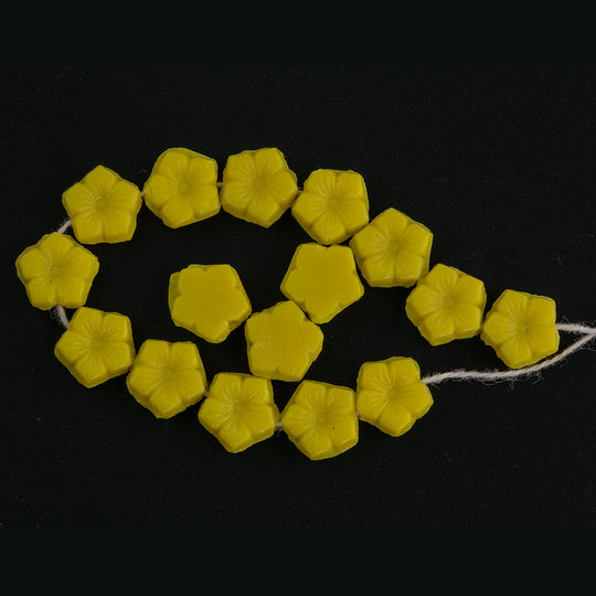 Vintage opaque yellow glass flat back flower beads or nailheads. 8x3mm. Czechoslovakia.  Strand of 25-b11-yo-0875