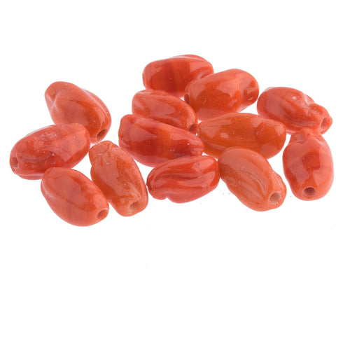 Vintage Japanese Coral Glass Pinched Oval Nuggets. 10x4mm. Pkg of 10. 