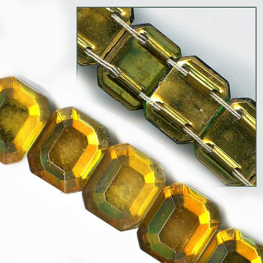 Vintage German topaz glass foil back 2 channel rectangle beads 12x10mm pkg of 10. b11-yo-0906(e)
