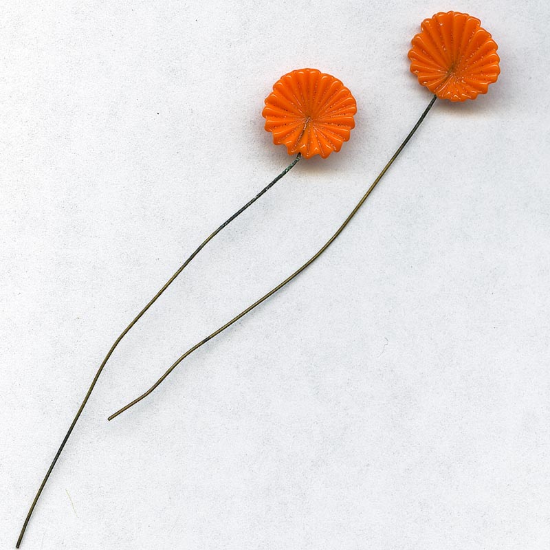Vintage Japanese tangerine glass fan leaves on wire. Pkg of 6.