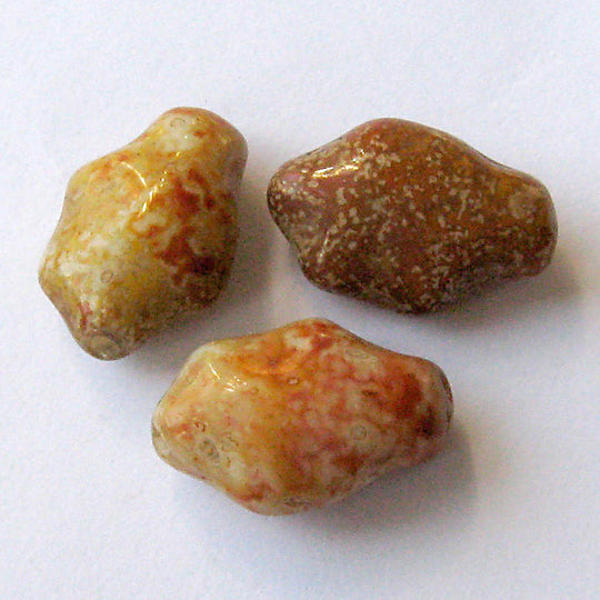 Vintage faux jasper glass nuggets, Picasso finish, Czechoslovakia 20x14mm pkg of 4. b11-yo-0924(e)