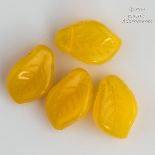Opalescent Lemon Yellow Glass Leaf Pendant. Pkg 6. B11-yo-1010