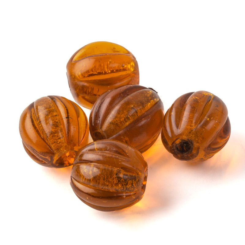 Vintage Chinese “Peking Glass” rare translucent Amber fluted melon beads. 10-11mm. 5 pcs. B11-yo-1028