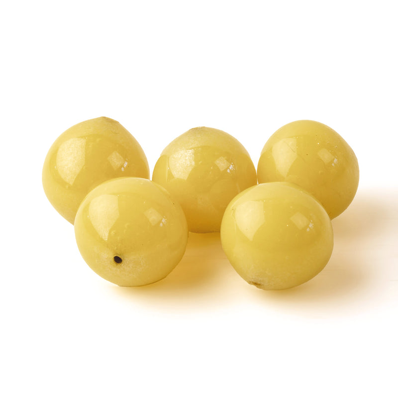 Antique Chinese wound glass 15mm round bead in opaque satiny lemon yellow. Pkg 1.