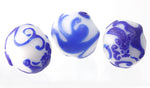 Vintage hand carved Peking Glass bead, cobalt blue dragon on milk white glass round 23x25mm pkg of 1.