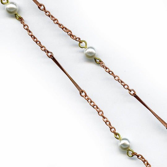b12-chn562-Vintage copper over steel chain with pearls. 24" length