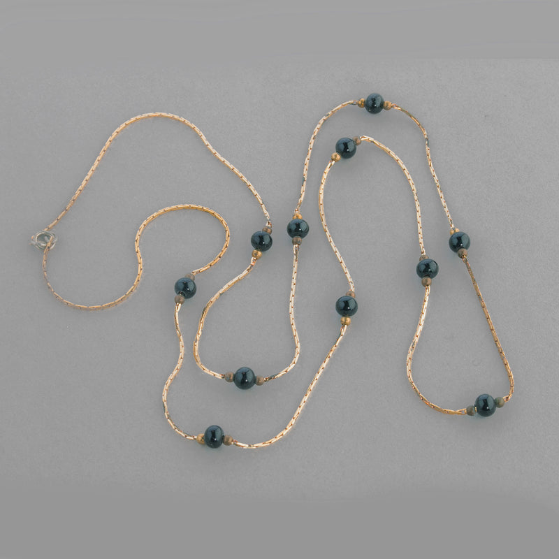 Vintage Japanese Brass Snake Chain with Black Glass and Brass Beads.  24" finished lengths. Sold individually. 
