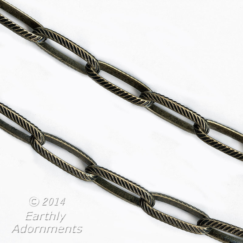 Large etched brass oval cable chain, 22x7mm links. Per foot.