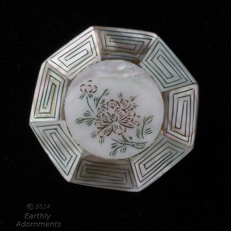 Vintage mother of pearl inlaid etched and painted pendant bead. 43x10mm. China export 1970's.