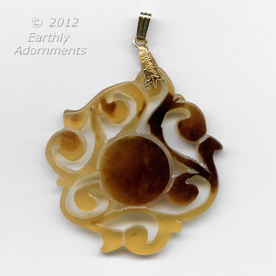 Vintage hand carved translucent horn pendant. 44x40mm. b3-ho35