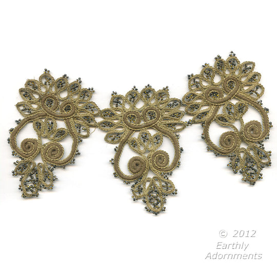 B16-104-Antique hand made beaded and braided embellishment. Each embellishment measures 7.5"x4"