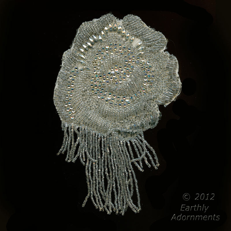 Vintage beaded appliqués with fringe. 3.5" x 3.5" with 2.5" long fringe.