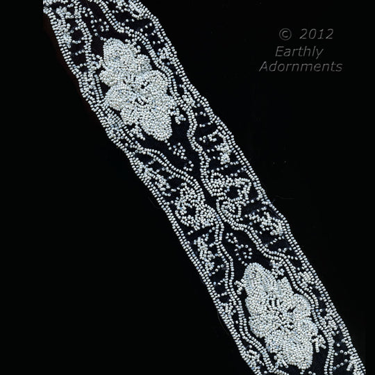 B16-108-Fabulous beaded lace trim. White beads on black lace. 28'' long x 2.75" wide