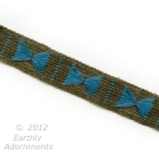 b16-112-Art Deco gold woven trim, ¾ inch wide with hand embroidered silk triangles. Sold by the foot