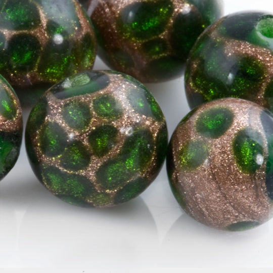 Green, Golden Aventurina Round Beads, glass. 10mm. Japan. Pkg of 1. b1-613