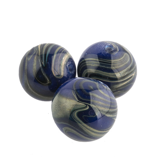 Vintage Japanese blue and grey lampwork swirling marble rounds. 14mm. Pkg of 1. b1-643(e)