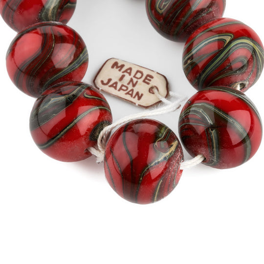 Vintage Japanese grey and red lampwork swirling marble rounds, 15mm, pkg of 1. b1-646