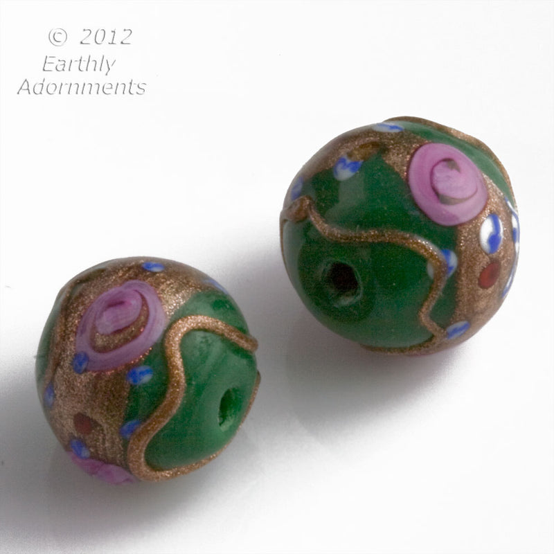 Vintage Venetian Fiorato Wedding Cake beads. Opaque green wit aventurine and rosettes. c. 1950s, 14x16mm, sold individually. 