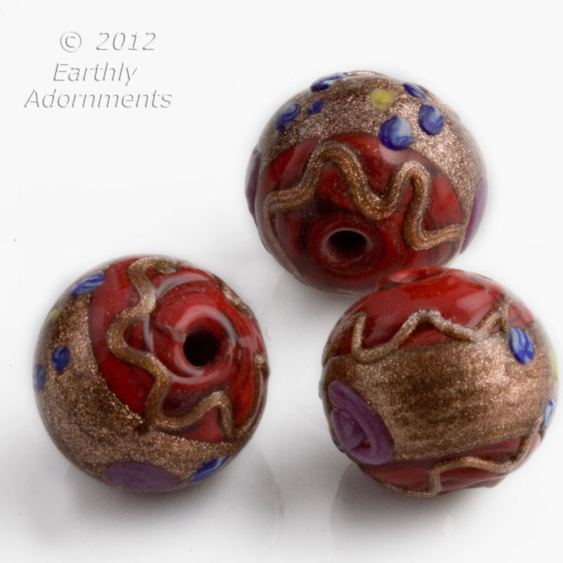 Vintage Venetian Fiorato wedding cake beads, opaque red with aventurine and rosettes c. 1950s, 14x16mm, sold individually.