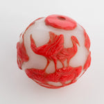 Hand carved bead red crane on milk white glass round 25mm pkg of 1. 