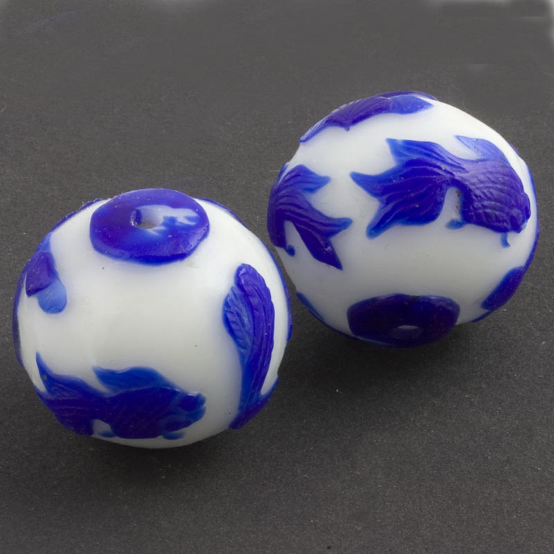 Hand carved bead cobalt blue goldfish on milk white glass round 28mm pkg of 1. 