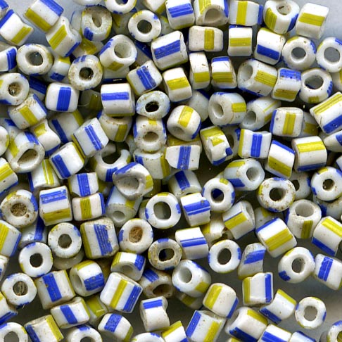 b17-115- Antique Italian Hudson Bay seed beads 12/0 white with blue and yellow stripes. Mid 1800's. 15 gram bag